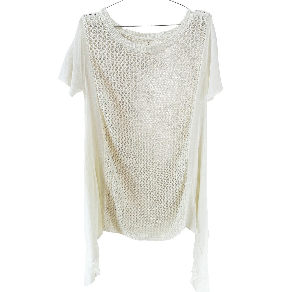 POL Short Sleeve Open Knit Hi-low Tunic Sweater • Small‎ • white boho chic beach
